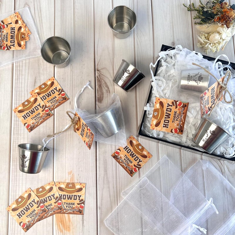 YumSur Western Themed Shot Glasses Set, Stainless Steel Cowboy Shot Glasses with Thank You Cards and Organza Bags, 24 pcs Cowboy Props Party Supplies - Image 4