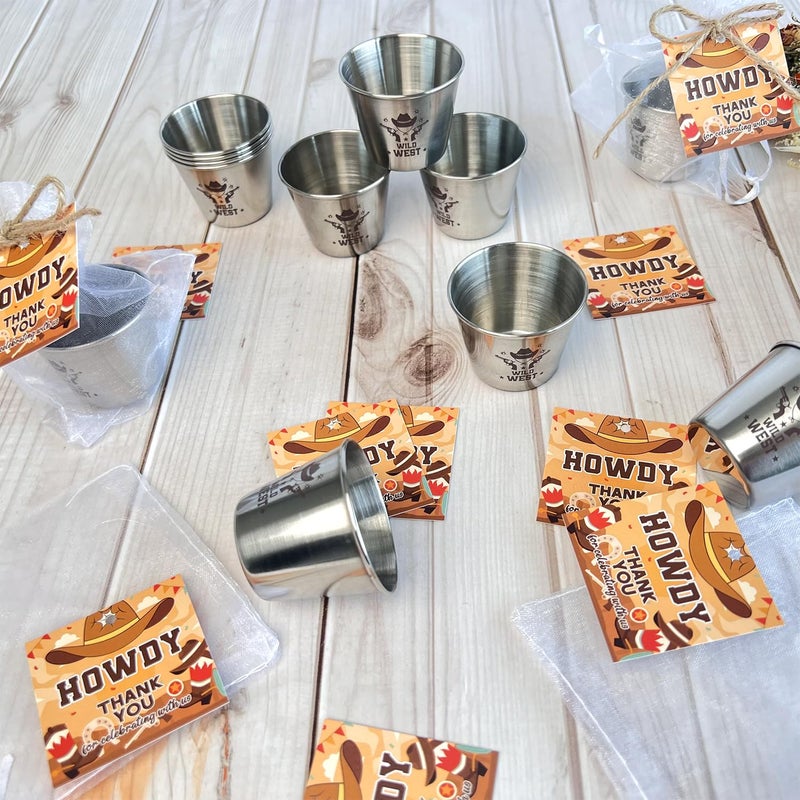 YumSur Western Themed Shot Glasses Set, Stainless Steel Cowboy Shot Glasses with Thank You Cards and Organza Bags, 24 pcs Cowboy Props Party Supplies - Image 5