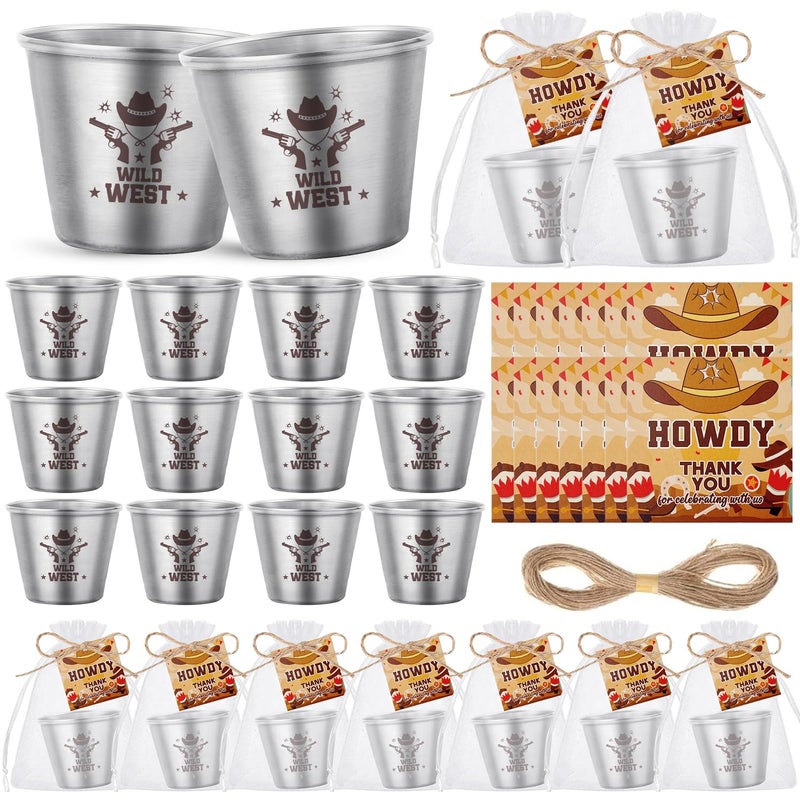 YumSur Western Themed Shot Glasses Set, Stainless Steel Cowboy Shot Glasses with Thank You Cards and Organza Bags, 24 pcs Cowboy Props Party Supplies - Image 1