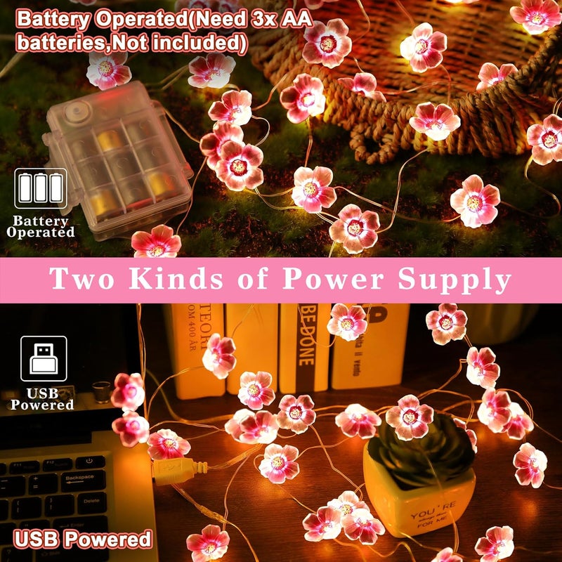 Queekay مجموعة كويكاي من 2 حزمة أضواء خيط الزهور، كل منها 13 قدم، 40 لمبة LED تعمل بالبطارية، أضواء خيالية باللون الوردي لزهور الكرز لغرفة الفتيات، داخلية وخارجية، حفلات الزفاف ويوم الحب - Image 3