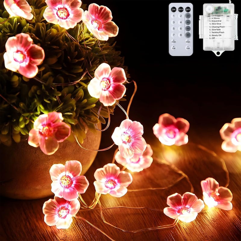 Queekay مجموعة كويكاي من 2 حزمة أضواء خيط الزهور، كل منها 13 قدم، 40 لمبة LED تعمل بالبطارية، أضواء خيالية باللون الوردي لزهور الكرز لغرفة الفتيات، داخلية وخارجية، حفلات الزفاف ويوم الحب - Image 1