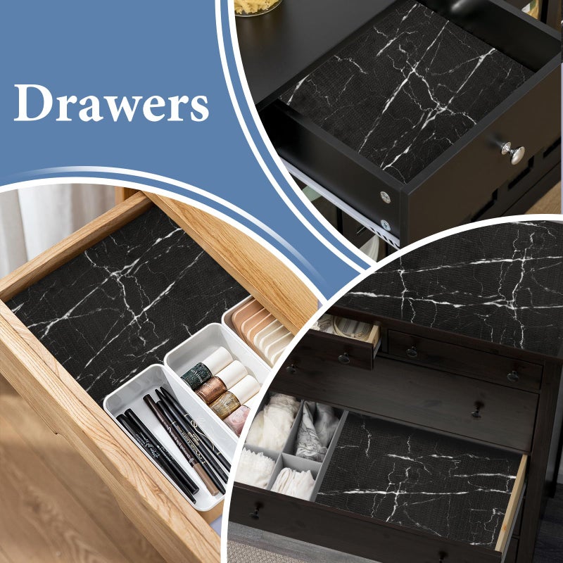 Kimhan Drawer and Shelf Liner for Kitchen Cabinet: 12 in X 20 Ft Non Slip Waterproof Shelf Paper Non Adhesive Refrigerator Liners Black Marble Easy Liners for Bathroom with Knife Tape Measure - Image 5