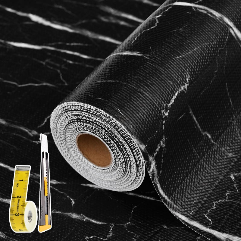 Kimhan Drawer and Shelf Liner for Kitchen Cabinet: 12 in X 20 Ft Non Slip Waterproof Shelf Paper Non Adhesive Refrigerator Liners Black Marble Easy Liners for Bathroom with Knife Tape Measure - Image 1