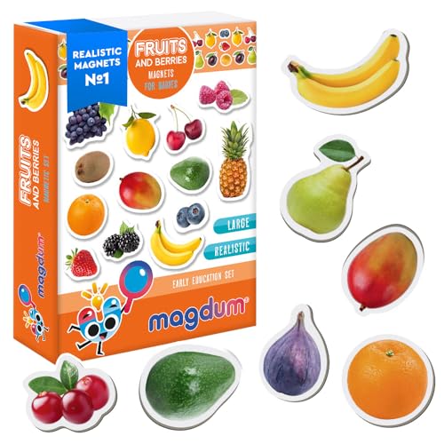 MAGDUM PHOTO FRUITs&Berries - magnets for kitchen -real LARGE fridge magnets for toddlers- Magnetic EDUcational toys baby 3 year old baby - LEARNing magnets for kids- Kid magnets - Development toys - Image 1