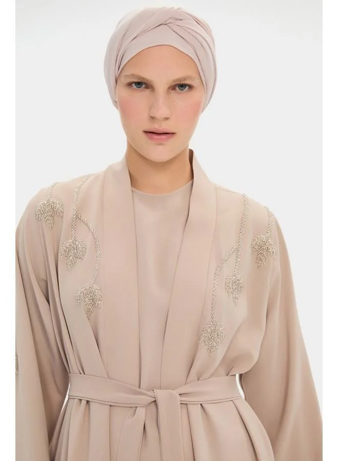 JUNE Women Embroidered Detailed Abaya Stone