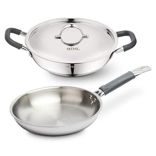Allo Stainless Steel Triply Cookware Set | Kadai with Lid (22 Cm/3 L)+ Fry Pan (22 Cm/1.5L) | Perfect Cooking Combo for Curry/Stir-Fry/Deep-Fry/DryVeg/SautA Induction Friendly Set of 3Pcs | Nonstick - Image 1