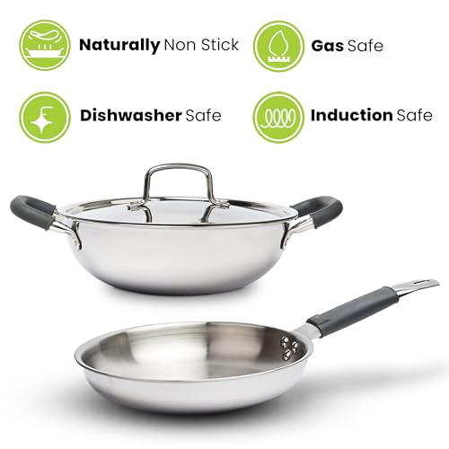 Allo Stainless Steel Triply Cookware Set | Kadai with Lid (22 Cm/3 L)+ Fry Pan (22 Cm/1.5L) | Perfect Cooking Combo for Curry/Stir-Fry/Deep-Fry/DryVeg/SautA Induction Friendly Set of 3Pcs | Nonstick - Image 4