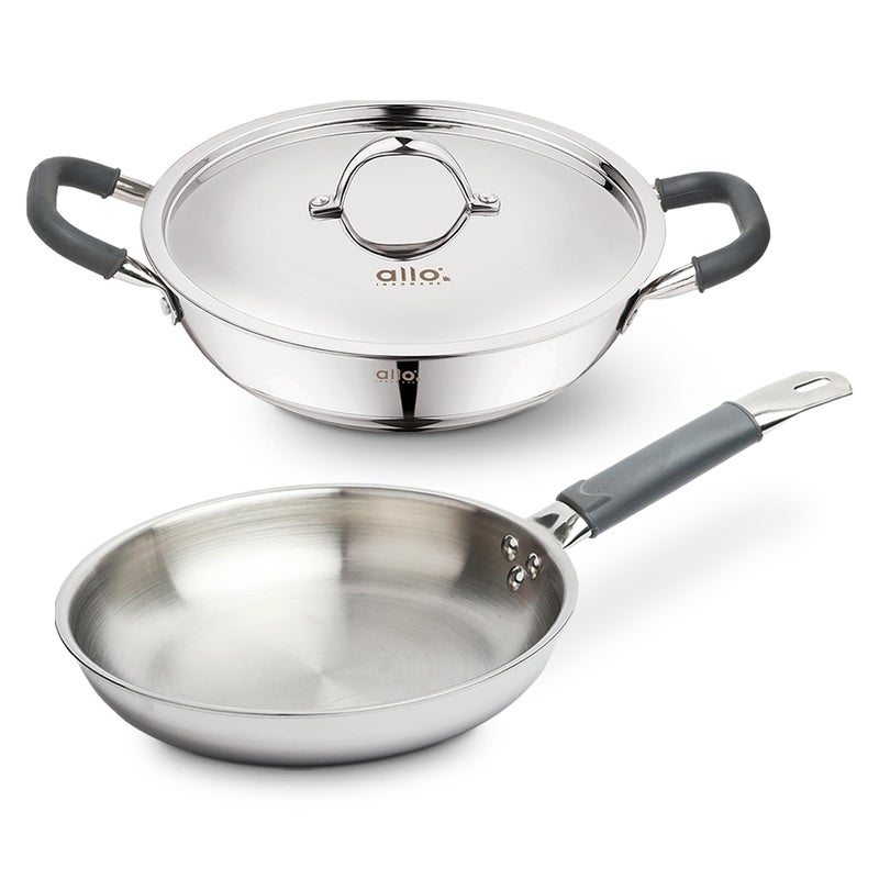 Allo Stainless Steel Triply Cookware Set | Kadai with Lid (22 Cm/3 L)+ Fry Pan (22 Cm/1.5L) | Perfect Cooking Combo for Curry/Stir-Fry/Deep-Fry/DryVeg/SautA Induction Friendly Set of 3Pcs | Nonstick - Image 2
