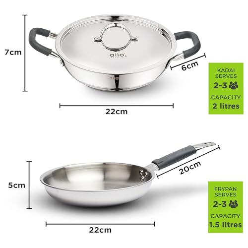 Allo Stainless Steel Triply Cookware Set | Kadai with Lid (22 Cm/3 L)+ Fry Pan (22 Cm/1.5L) | Perfect Cooking Combo for Curry/Stir-Fry/Deep-Fry/DryVeg/SautA Induction Friendly Set of 3Pcs | Nonstick - Image 3