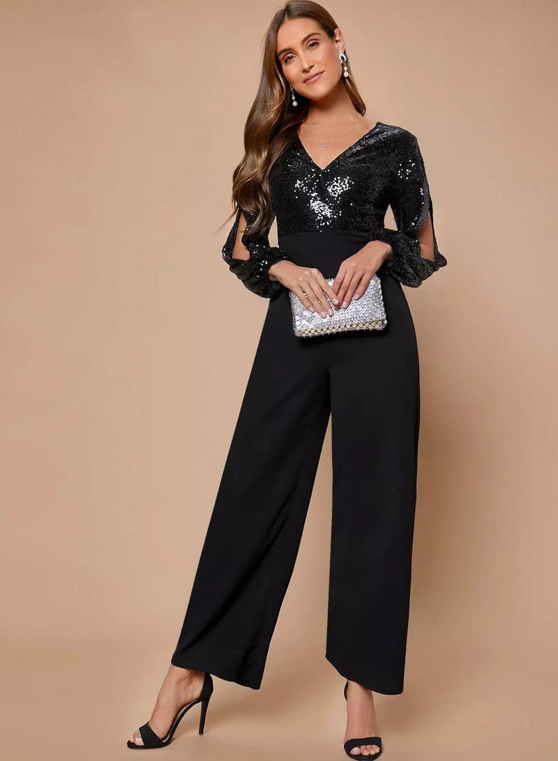 Split Sleeve Sequin Mixed Media Jumpsuit  - Image 1