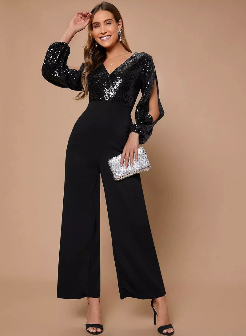 Split Sleeve Sequin Mixed Media Jumpsuit  - Image 3