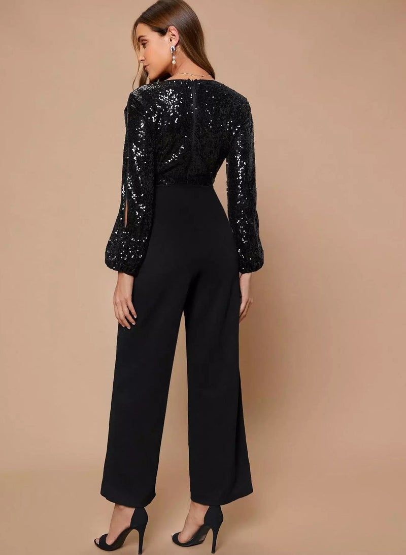 Split Sleeve Sequin Mixed Media Jumpsuit  - Image 2
