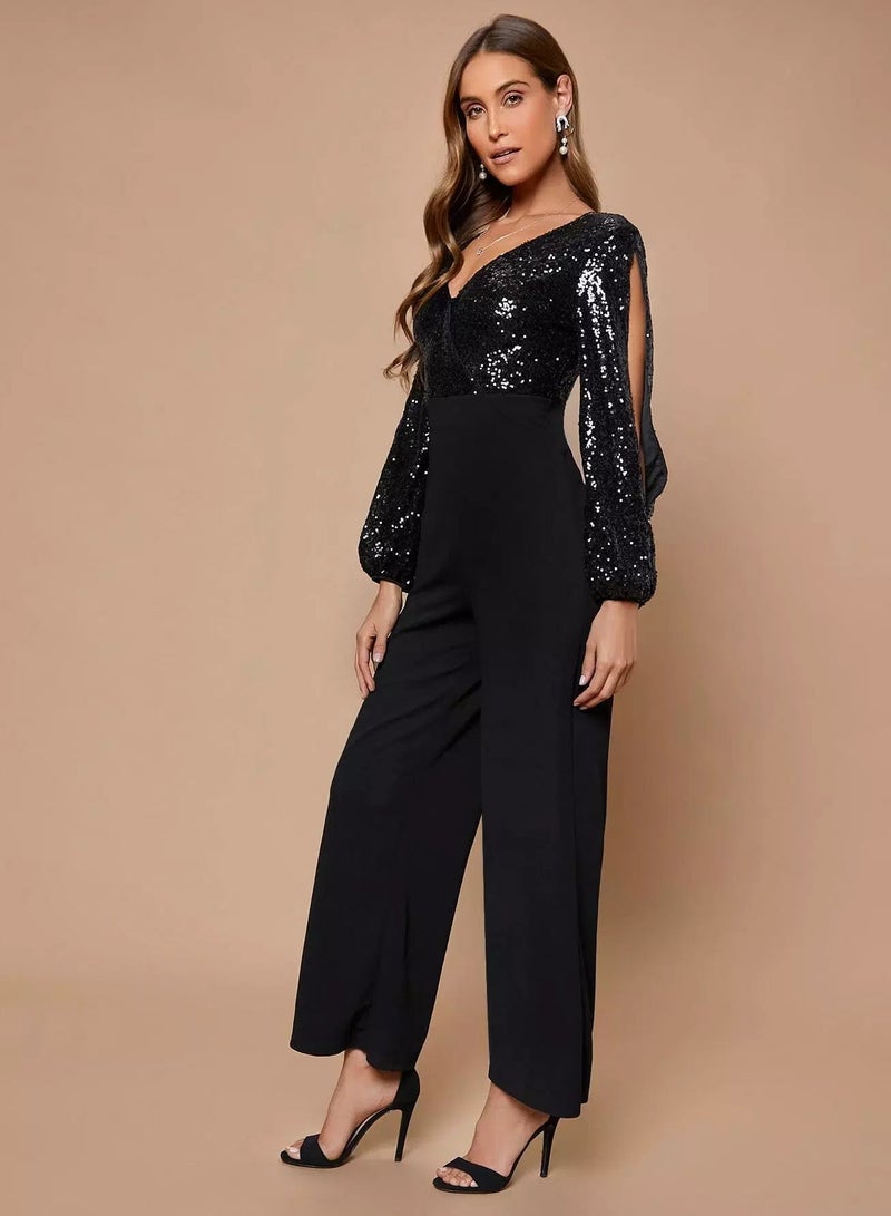 Split Sleeve Sequin Mixed Media Jumpsuit  - Image 4
