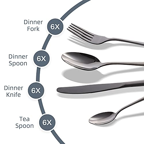 Avalon Silverware طقم أدوات المائدة أفالون 24 قطعة، مصنوع من الفولاذ المقاوم للصدأ عالي الجودة 18/10، طقم أدوات مائدة لخدمة 6 أشخاص، طقم أدوات مائدة مصقول بمرآة (فضي) - Image 5