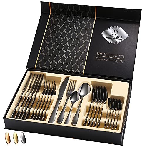 Avalon Silverware طقم أدوات المائدة أفالون 24 قطعة، مصنوع من الفولاذ المقاوم للصدأ عالي الجودة 18/10، طقم أدوات مائدة لخدمة 6 أشخاص، طقم أدوات مائدة مصقول بمرآة (فضي) - Image 1