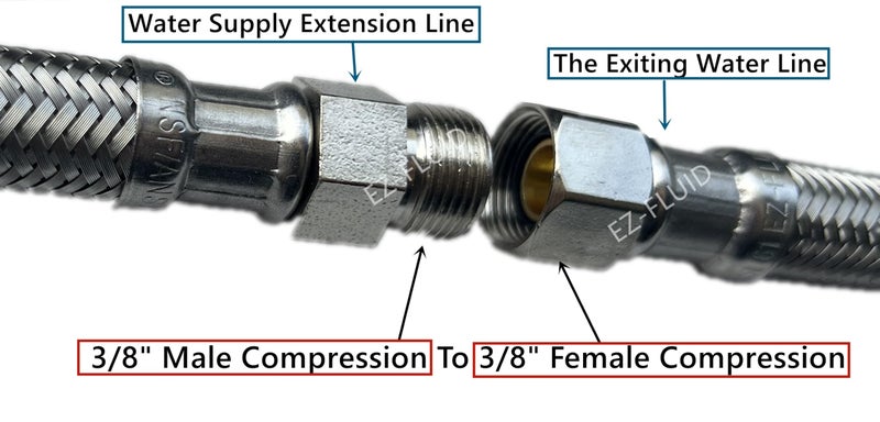 EZ-Fluid Plumbing 20" x 3/8" Male Compression To 3/8-Inch Female Comp. Stainless Steel Braided Faucet Connector Line Extension, Faucet Extension Supply Hose Connector Lines, Fits Delta Faucet (1-Pack) - Image 2