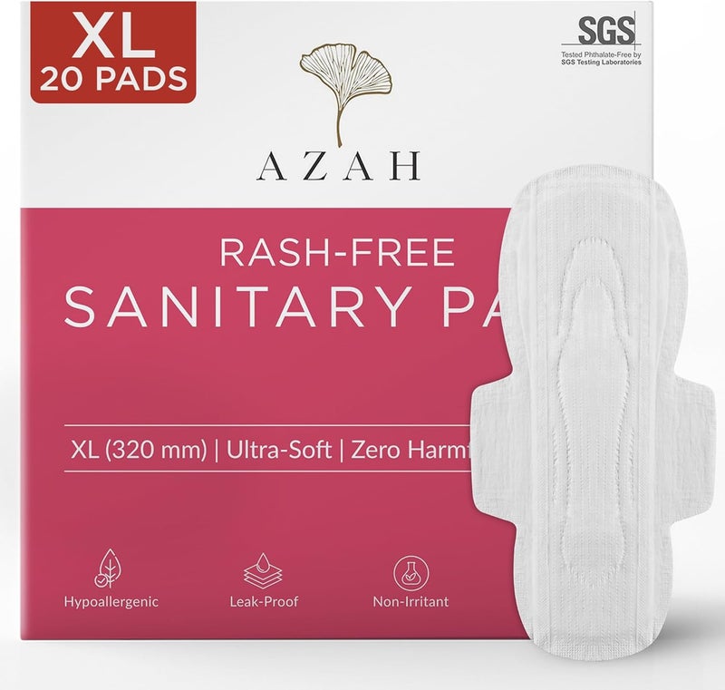 عزة فوط صحية للنساء بحجم XL [عبوة من 20] فوط صحية 100% خالية من الطفح الجلدي | امتصاص أكبر بثلاثة أضعاف، غطاء علوي قطني ناعم وجاف للتدفق الغزير | خالية من السموم، تحبس الرائحة، مقاومة للتسرب - Image 1