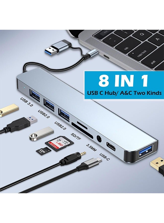 حَدُوي USB Hub من الكمبيوتر الشخصي ، USB C Hub 8 في 1 USB Extender مع 4 منفذ USB 1 USBC USB 3.0 Hub TF / قارئ بطاقة SD 3.5mm مخرج صوتي لـ MacBook Pro / iPad Pro / HP الألومنيوم - Image 2