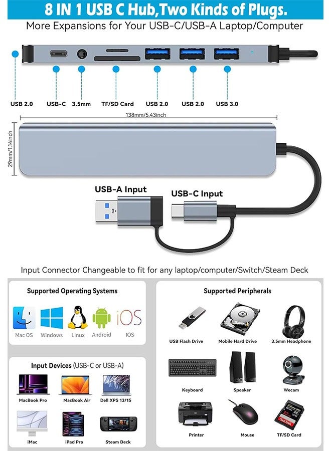 حَدُوي USB Hub من الكمبيوتر الشخصي ، USB C Hub 8 في 1 USB Extender مع 4 منفذ USB 1 USBC USB 3.0 Hub TF / قارئ بطاقة SD 3.5mm مخرج صوتي لـ MacBook Pro / iPad Pro / HP الألومنيوم - Image 4