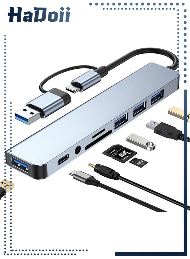 حَدُوي USB Hub من الكمبيوتر الشخصي ، USB C Hub 8 في 1 USB Extender مع 4 منفذ USB 1 USBC USB 3.0 Hub TF / قارئ بطاقة SD 3.5mm مخرج صوتي لـ MacBook Pro / iPad Pro / HP الألومنيوم - Image 1