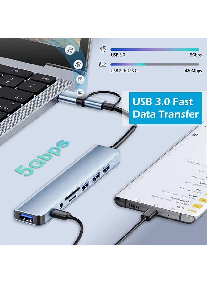 حَدُوي USB Hub من الكمبيوتر الشخصي ، USB C Hub 8 في 1 USB Extender مع 4 منفذ USB 1 USBC USB 3.0 Hub TF / قارئ بطاقة SD 3.5mm مخرج صوتي لـ MacBook Pro / iPad Pro / HP الألومنيوم - Image 5