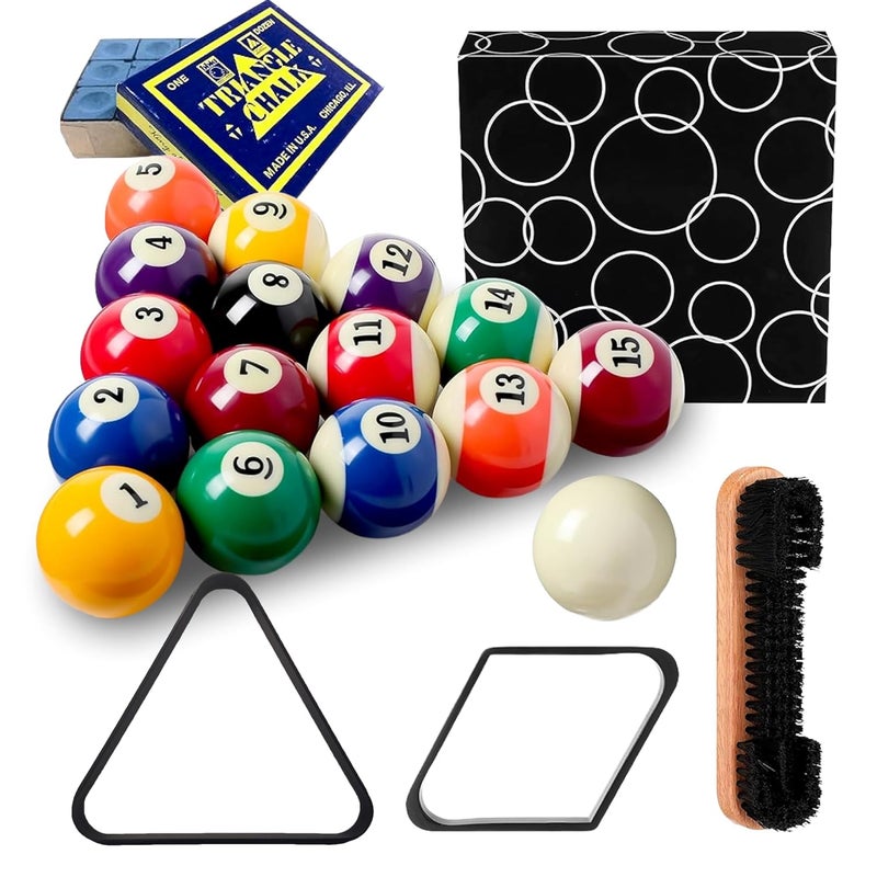 JBB Pool Ball Set with 8 Ball & 9 Ball Racks, Chalks and Billiards Brush (52.5mm, Set of 16 Balls) - Image 1