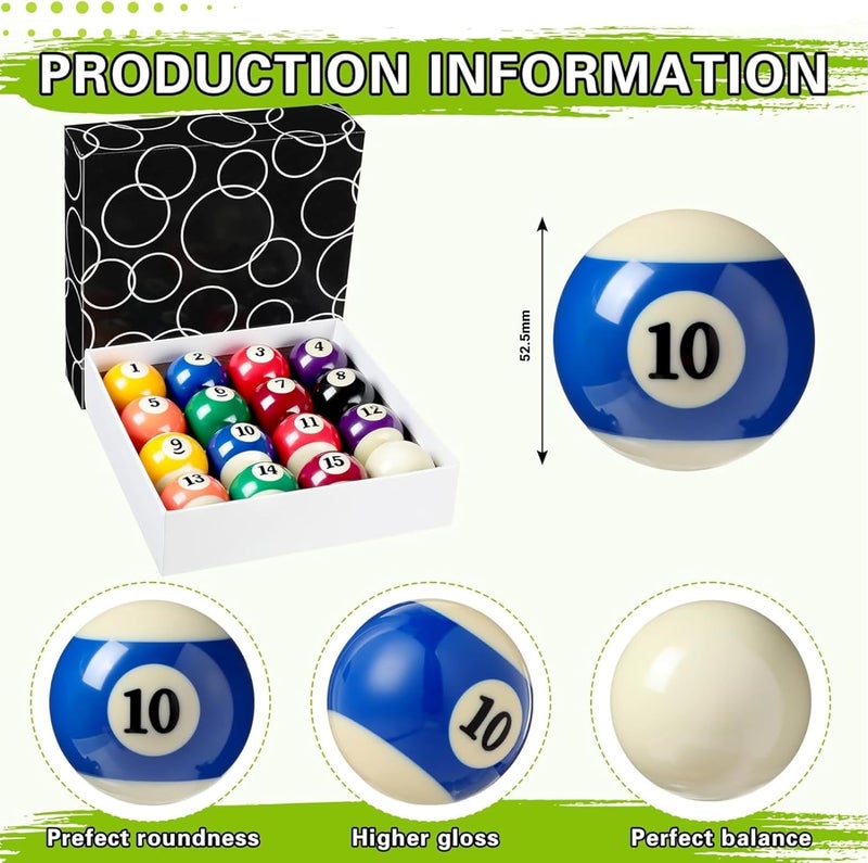 JBB Pool Ball Set with 8 Ball & 9 Ball Racks, Chalks and Billiards Brush (52.5mm, Set of 16 Balls) - Image 2