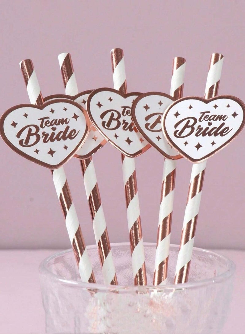Team Bride Paper Straws in White and Rose Gold Stripe, Set of 15, add a fun touch to your bridal shower party.  - Image 1