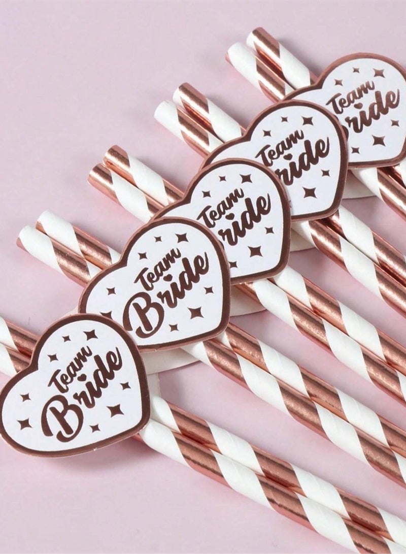 Team Bride Paper Straws in White and Rose Gold Stripe, Set of 15, add a fun touch to your bridal shower party.  - Image 2