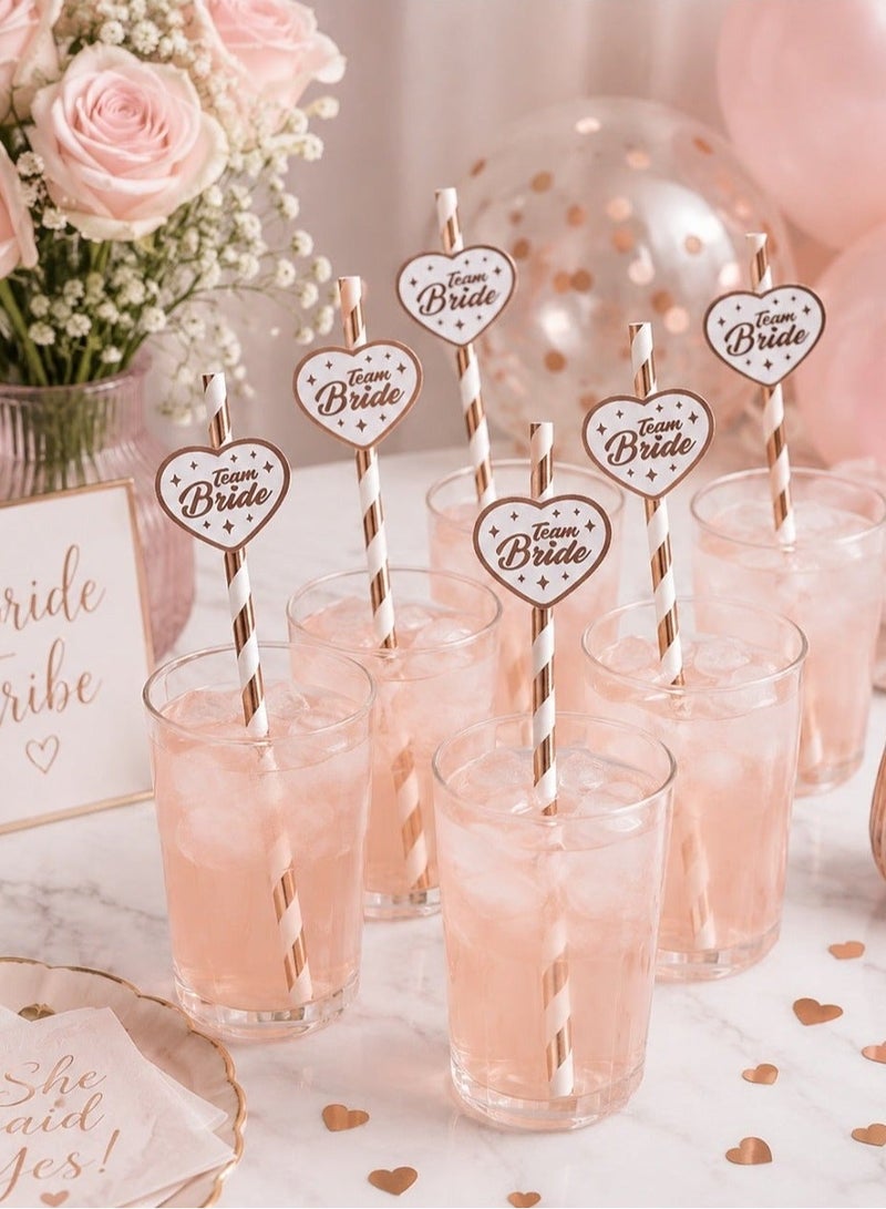 مصاصات ورقية للحفلات بتصميم مخطط أبيض وروز جولد مع زينة قلب Team Bride، مناسبة لحفلات توديع العزوبية وحفلات العروس وتنسيق طاولات المشروبات، 15 قطع. - Image 1
