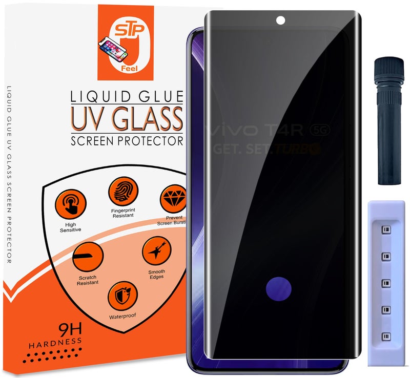 STP FEEL® Advanced UV Privacy Tempered Glass Screen Protector Guard Compatible for Vivo T4R 5G (6.77 Inch, Pack of 1) Full Edge to Edge Coverage Anti-Spy/Anti-Peeping 9H Hardness - Image 1
