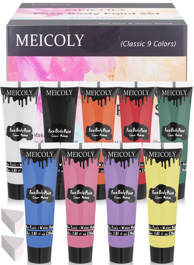 MEICOLY مجموعة طلاء الوجه والجسم من ميكولي 9 ألوان، 1.01x9 أونصة/علبة، طلاء وجه قابل للغسل قائم على الماء للبالغين والأطفال، طلاء كريم آمن للجسم للبشرة، مجموعة طلاء وجه أصفر وأحمر وأبيض وأزرق لمكياج هالوين SFX وكوسبلاي - Image 1