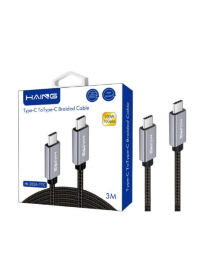 Haing كابل مضفر من نوع C إلى نوع C HI-2027-TTC كابل مضفر من نوع C إلى نوع C 5م 100 واط - Image 1