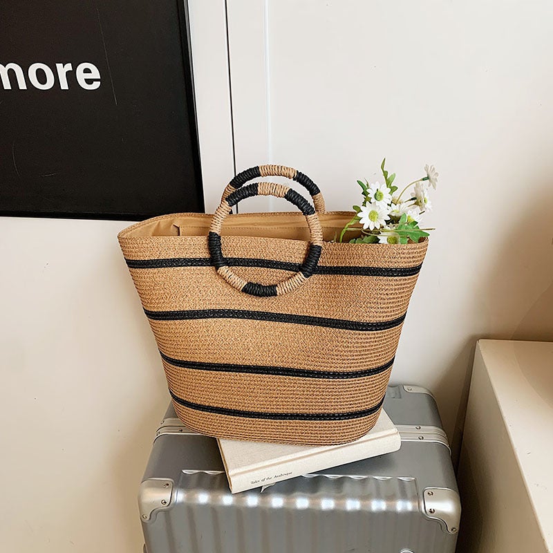 Large-Capacity Hand-Woven Bag Ring Handbag Fashion Beach Bag Large-Capacity Straw Woven Bag For Women - Image 3
