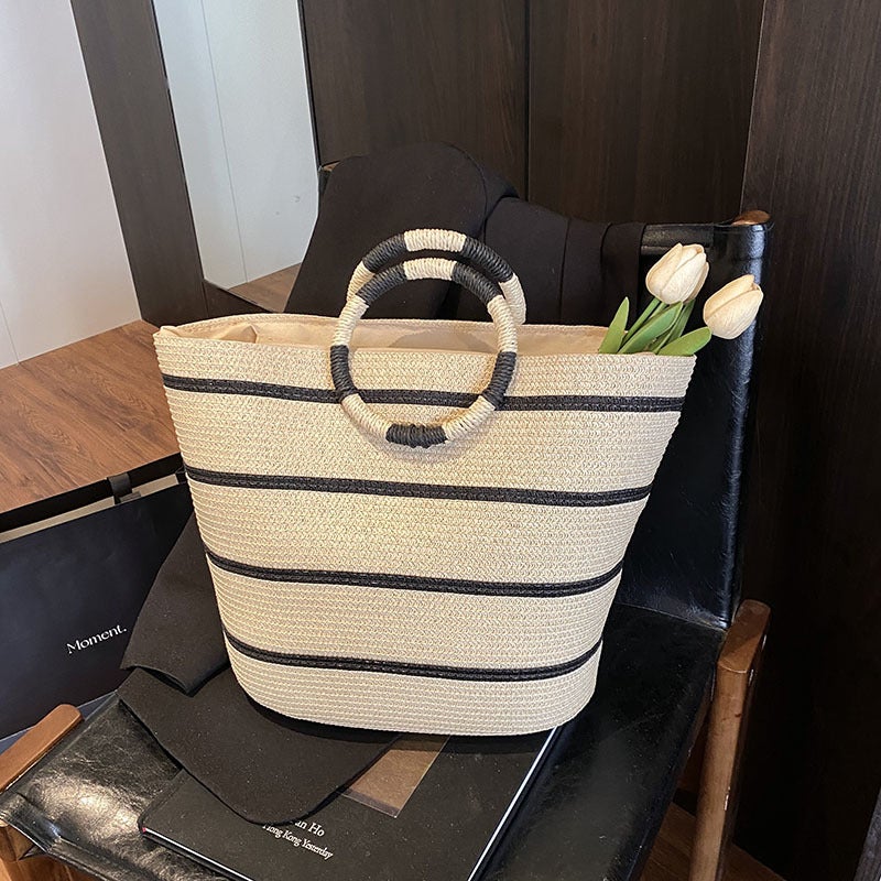 Large-Capacity Hand-Woven Bag Ring Handbag Fashion Beach Bag Large-Capacity Straw Woven Bag For Women - Image 5