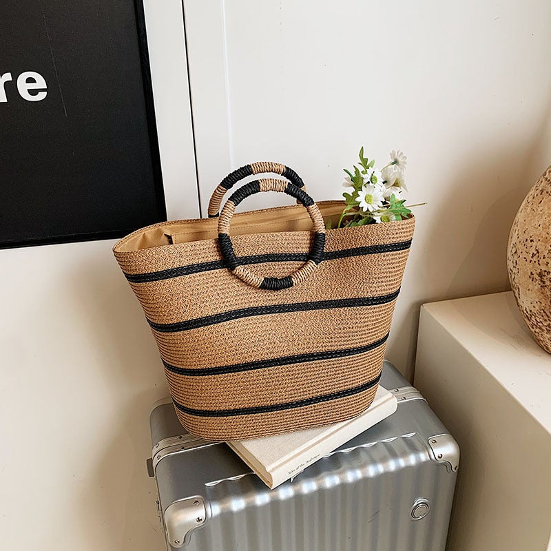 Large-Capacity Hand-Woven Bag Ring Handbag Fashion Beach Bag Large-Capacity Straw Woven Bag For Women - Image 2