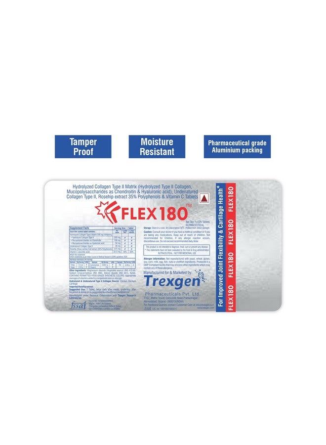 Trexgen FLEX180 350mg Hydrolyzed and Undenatured 40 mg Chondroitin100 mg Hyaluronic acid 50 mg Rosehip 375mg for Joint Pain Cartilage Repair-Matrix Collagen (30 Tab Each Box) -Pack of 2 - Image 2
