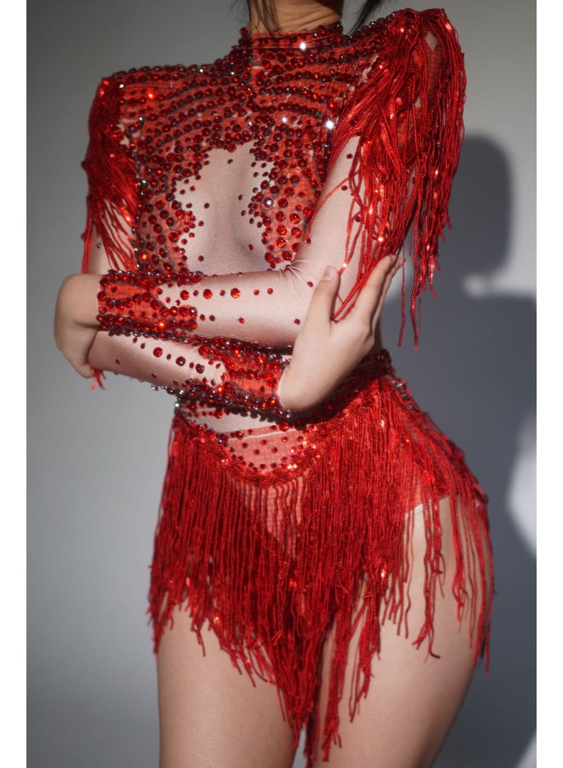 Women Sparkly Rhinestone Sequin Tassel Stretch Bodysuits 2026 New Arrival Birthday Party Nightclub Dj Stage Performance Costume - Image 3