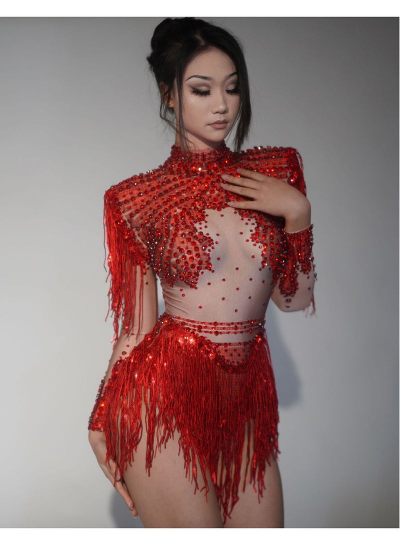 Women Sparkly Rhinestone Sequin Tassel Stretch Bodysuits 2026 New Arrival Birthday Party Nightclub Dj Stage Performance Costume - Image 1