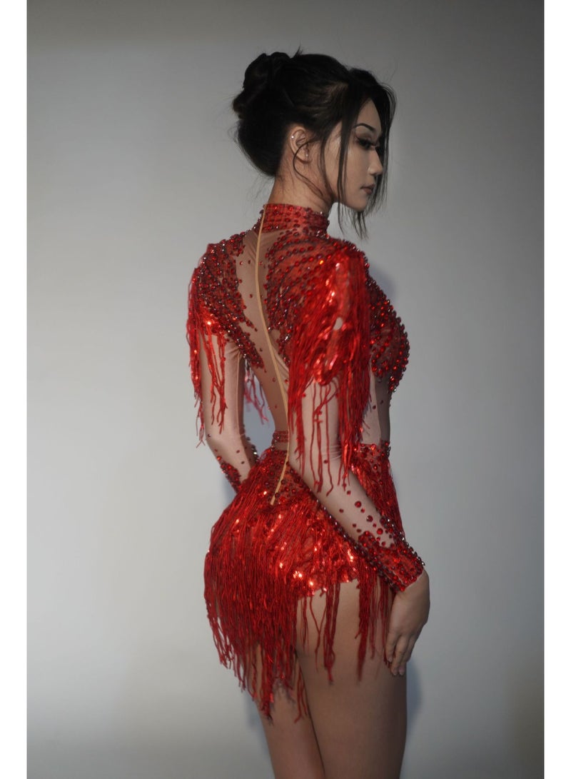 Women Sparkly Rhinestone Sequin Tassel Stretch Bodysuits 2026 New Arrival Birthday Party Nightclub Dj Stage Performance Costume - Image 2