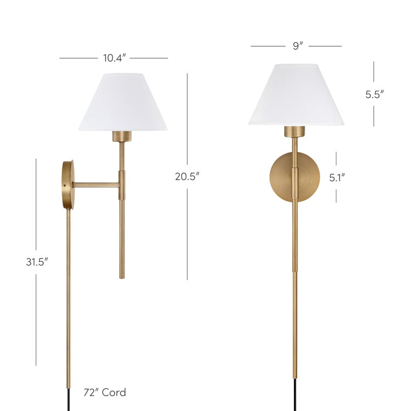Nathan James Millie Plug-in Wall Sconce, Wall Mounted Bedside Reading Lamp with Cotton Shade and Brass Back Plate - Image 3