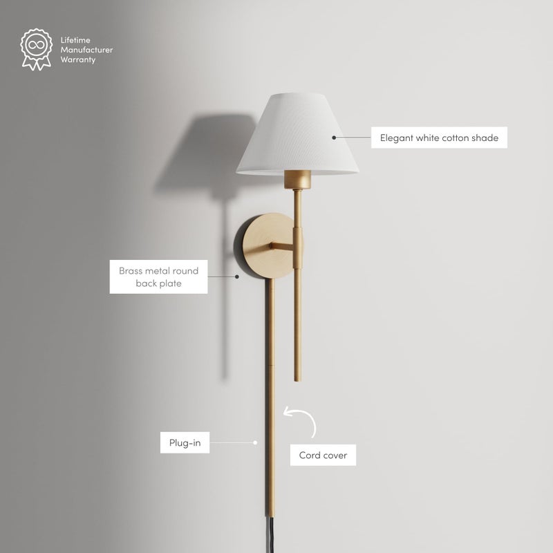 Nathan James Millie Plug-in Wall Sconce, Wall Mounted Bedside Reading Lamp with Cotton Shade and Brass Back Plate - Image 4