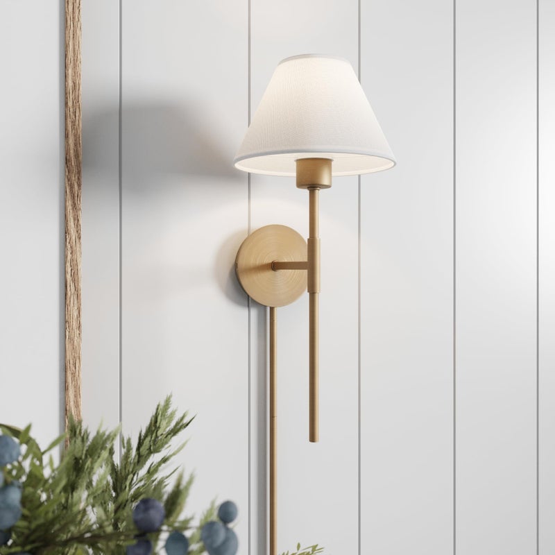 Nathan James Millie Plug-in Wall Sconce, Wall Mounted Bedside Reading Lamp with Cotton Shade and Brass Back Plate - Image 1