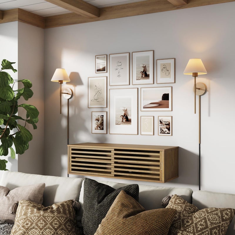 Nathan James Millie Plug-in Wall Sconce, Wall Mounted Bedside Reading Lamp with Cotton Shade and Brass Back Plate - Image 2
