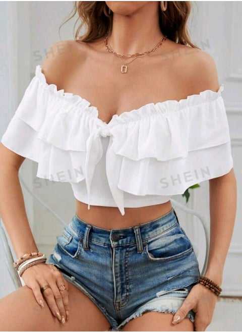 SHEIN Women's Ruffle Tie Sleeve Top With Ruffle Trim