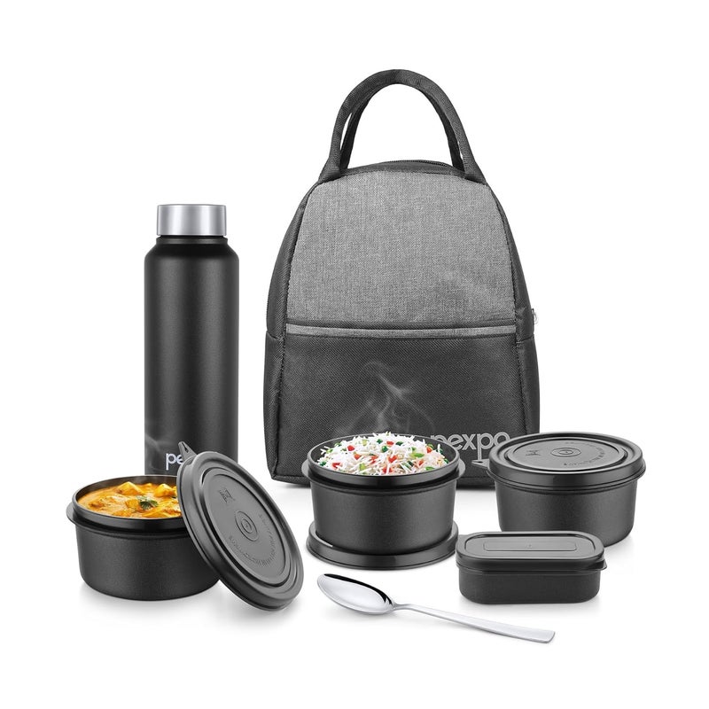 PEXPO Urban Stainless Steel Meal Box Grey Black 3 Containers350ml Each 1 Bottle 500ml Pickle Box 1 Spoon Lunch Box Leakproof BPAFree Steel Tiffin Box for Office Men and Women - Image 1