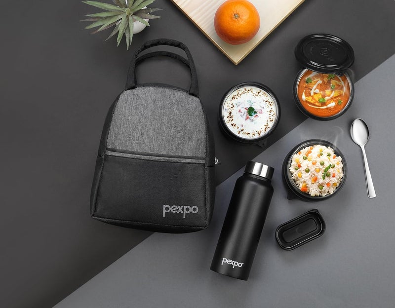 PEXPO Urban Stainless Steel Meal Box Grey Black 3 Containers350ml Each 1 Bottle 500ml Pickle Box 1 Spoon Lunch Box Leakproof BPAFree Steel Tiffin Box for Office Men and Women - Image 4