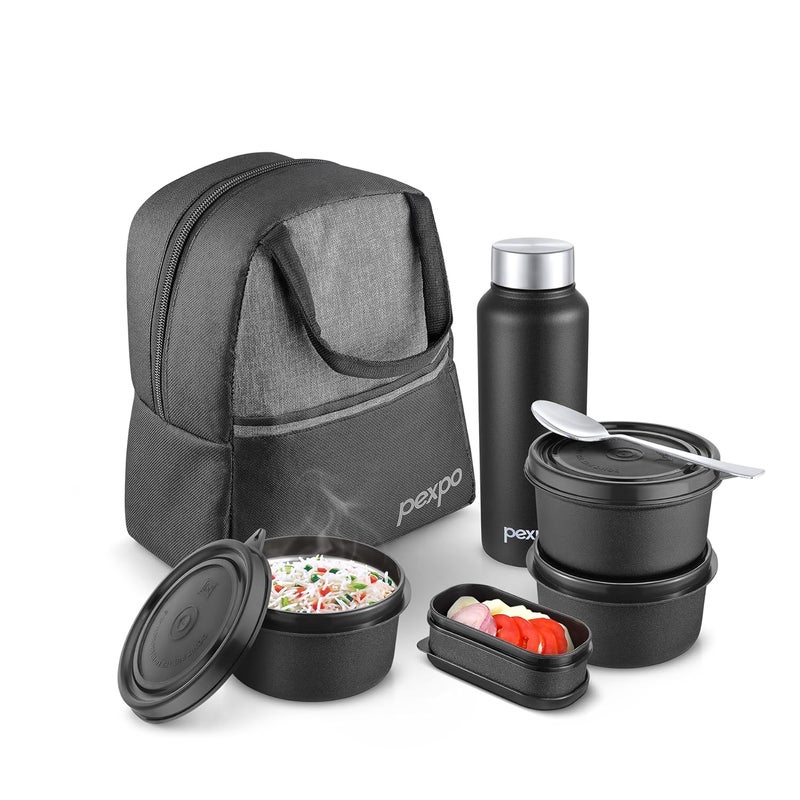PEXPO Urban Stainless Steel Meal Box Grey Black 3 Containers350ml Each 1 Bottle 500ml Pickle Box 1 Spoon Lunch Box Leakproof BPAFree Steel Tiffin Box for Office Men and Women - Image 2