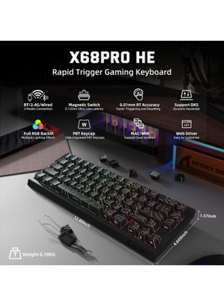 لوحة مفاتيح ألعاب ATTACK SHARK X68 PRO HE لاسلكية، تقنية Rapid Trigger، مفاتيح مغناطيسية Hall Effect، معدل استجابة 8K، تشغيل قابل للتعديل، إضاءة RGB، قابلة للتبديل، بلوتوث/2.4GHz/سلكي – أسود - view 2