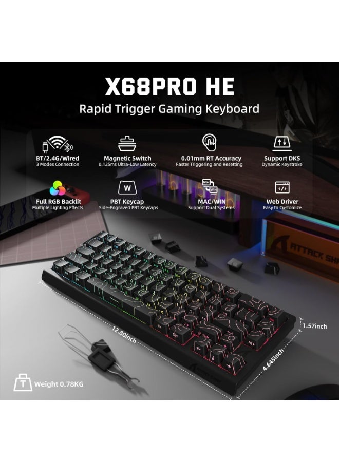 هجوم القرش لوحة مفاتيح ألعاب ATTACK SHARK X68 PRO HE لاسلكية، تقنية Rapid Trigger، مفاتيح مغناطيسية Hall Effect، معدل استجابة 8K، تشغيل قابل للتعديل، إضاءة RGB، قابلة للتبديل، بلوتوث/2.4GHz/سلكي – أسود - Image 2